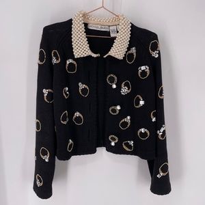 Michael Simon Rhinestone Beaded Jewels Pearl Sweater One Size (XL)